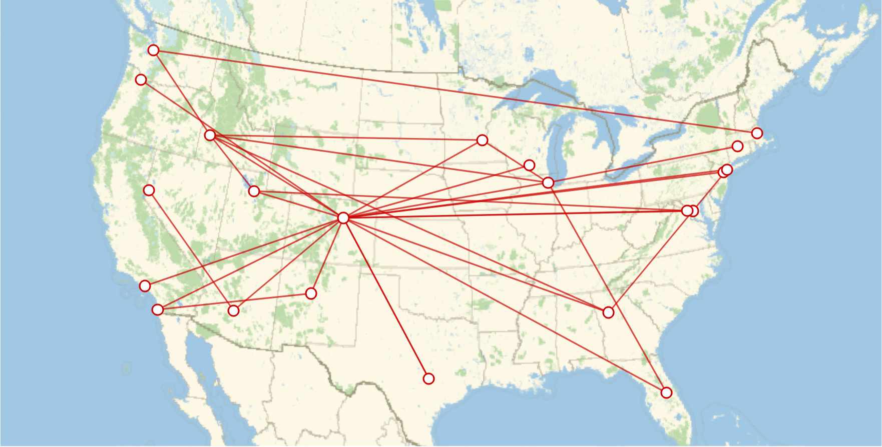 map of the united states with lines drawn between airports